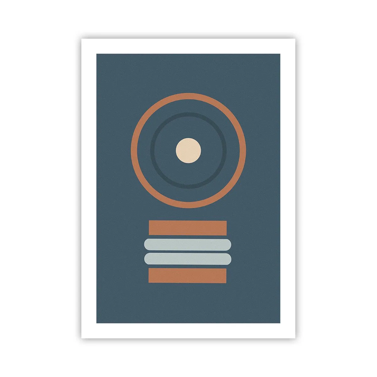 Plakat - Geometryczny wzór z kołem i prostokątami w odcieniach niebieskiego i brązu - 50x70cm - Istota rzeczy - Nowoczesna dekoracja ścienna do salonu, kuchni i sypialni ARTTOR