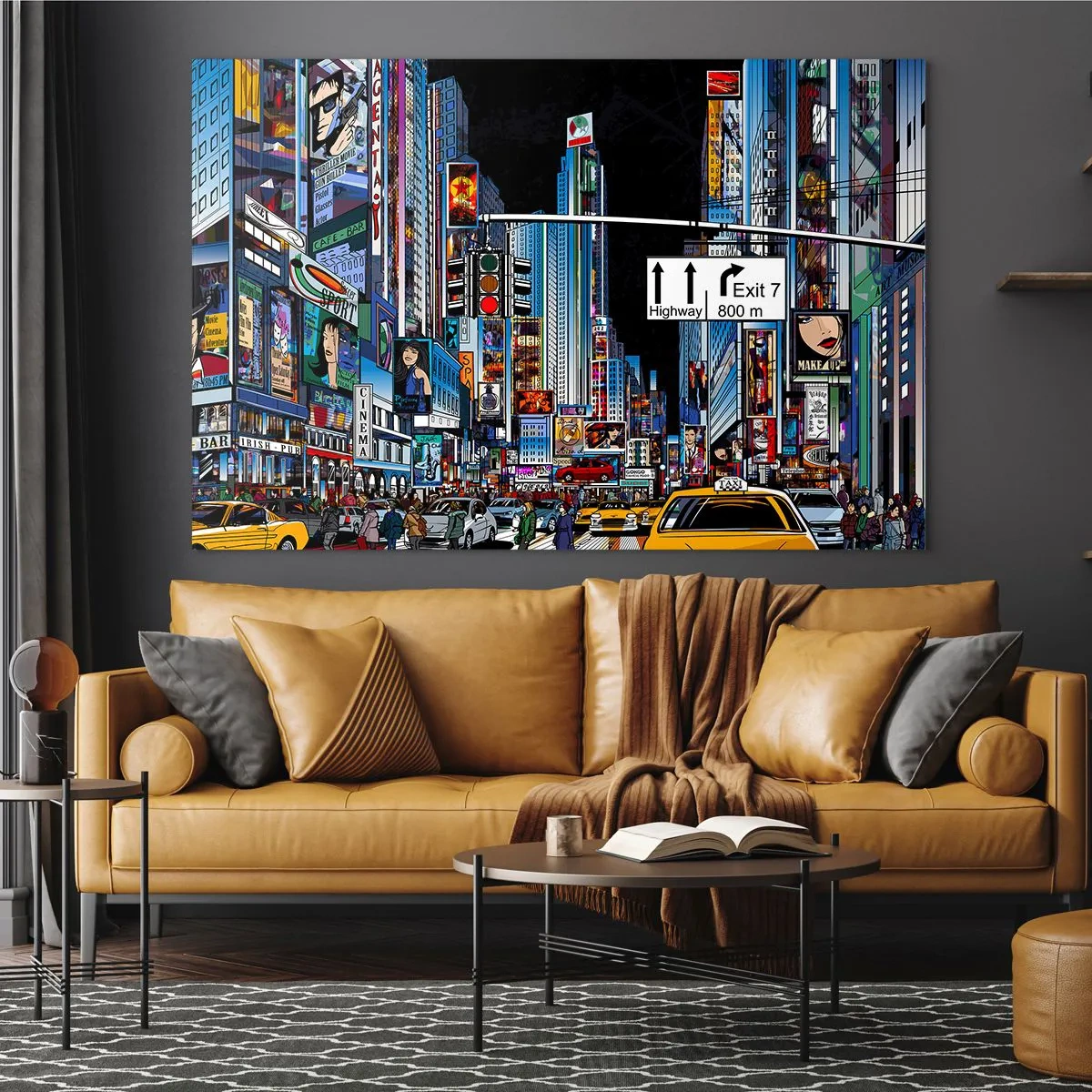 Obraz na szkle - Ruchliwa ulica z żółtymi taksówkami i neonami - 120x80cm - Komiksowa wielka noc - Nowoczesna dekoracja ścienna do salonu, kuchni i sypialni ARTTOR