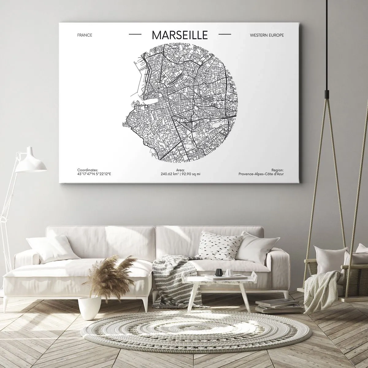 Obraz na płótnie - Mapa Marsylii w minimalistycznym stylu - 70x50cm - Anatomia Marsylii - Nowoczesna dekoracja ścienna do salonu i sypialni ARTTOR