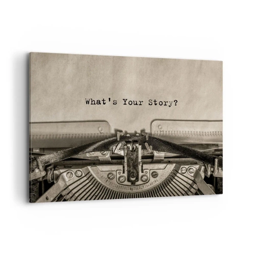 Obraz na płótnie - Maszyna do pisania z napisem What’s Your Story? - 100x70cm - Opowiedz mi - Nowoczesna dekoracja ścienna do salonu, kuchni i sypialni ARTTOR