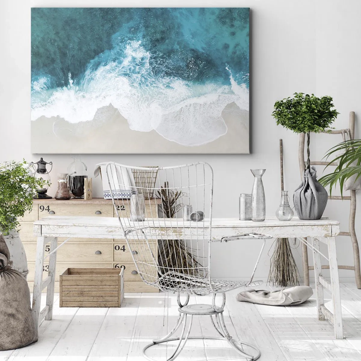 Obraz na płótnie - Turkusowe fale oceanu na jasnym piasku - 70x50cm - Naturalna pieszczota - Nowoczesna dekoracja ścienna do salonu i sypialni ARTTOR