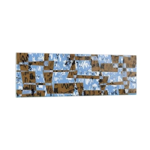 Obraz na szkle - Abstrakcyjna kompozycja z prostokątów w odcieniach brązu i niebieskiego - 160x50cm - Nieludowa wycinanka - Nowoczesna dekoracja ścienna do salonu i sypialni ARTTOR