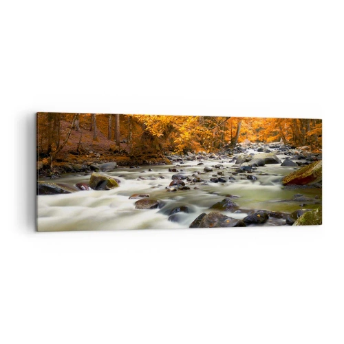 Obraz na płótnie - Strumień w jesiennym lesie otoczony złotymi liśćmi - 140x50cm - Potok w złotym lesie - Nowoczesna dekoracja ścienna do salonu i sypialni ARTTOR