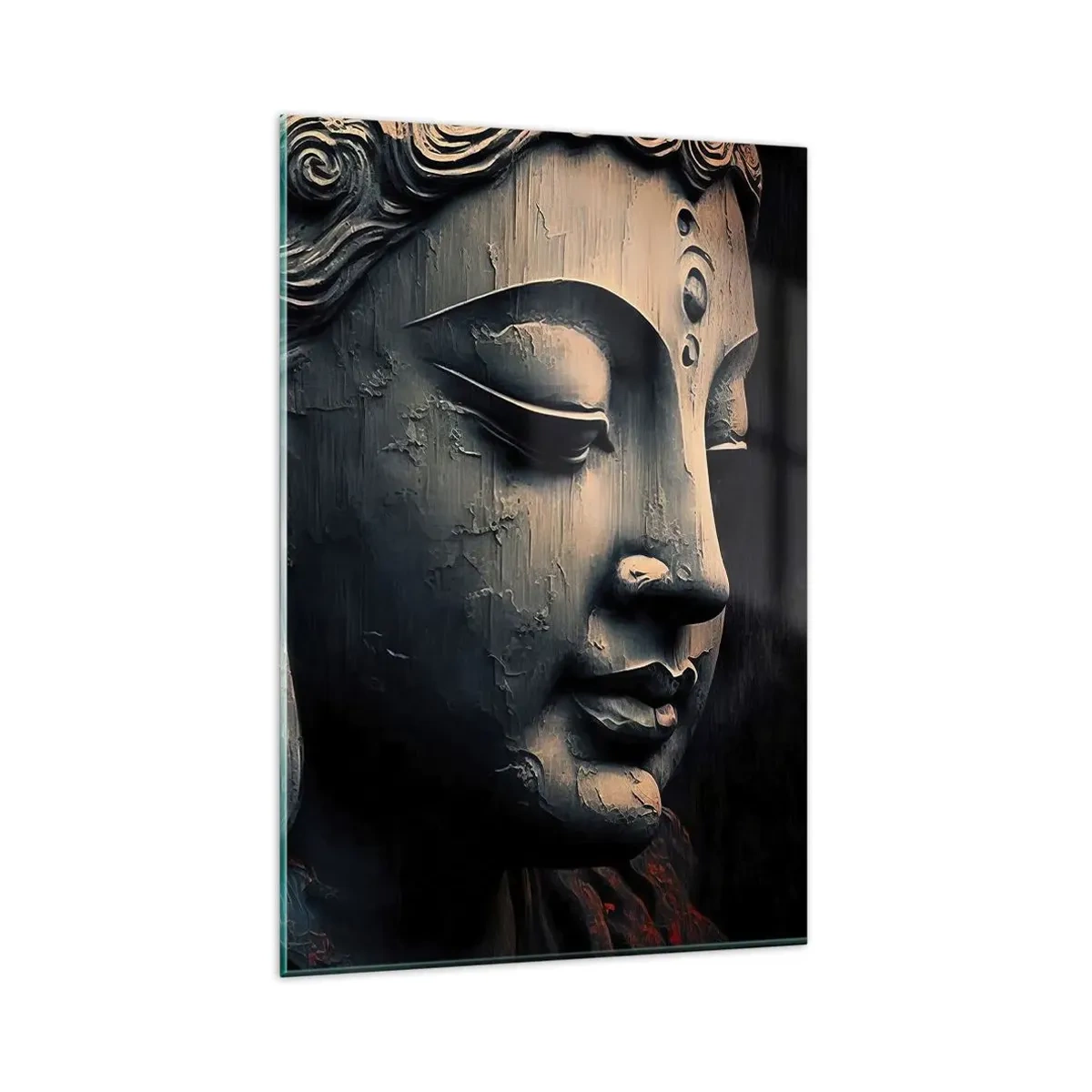 Obraz na szkle - Rzeźba Buddy z czerwonym kwiatem lotosu - 80x120cm - W zgodzie ze światem - Nowoczesna dekoracja ścienna do salonu i sypialni ARTTOR