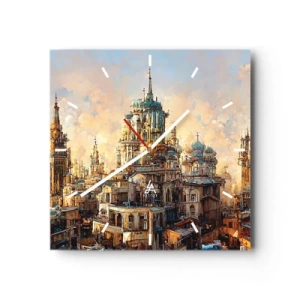 Zegar ścienny - Architektoniczne wieże w promieniach zachodzącego słońca - 30x30cm - Miasto miast - Nowoczesna dekoracja ścienna do salonu i sypialni ARTTOR
