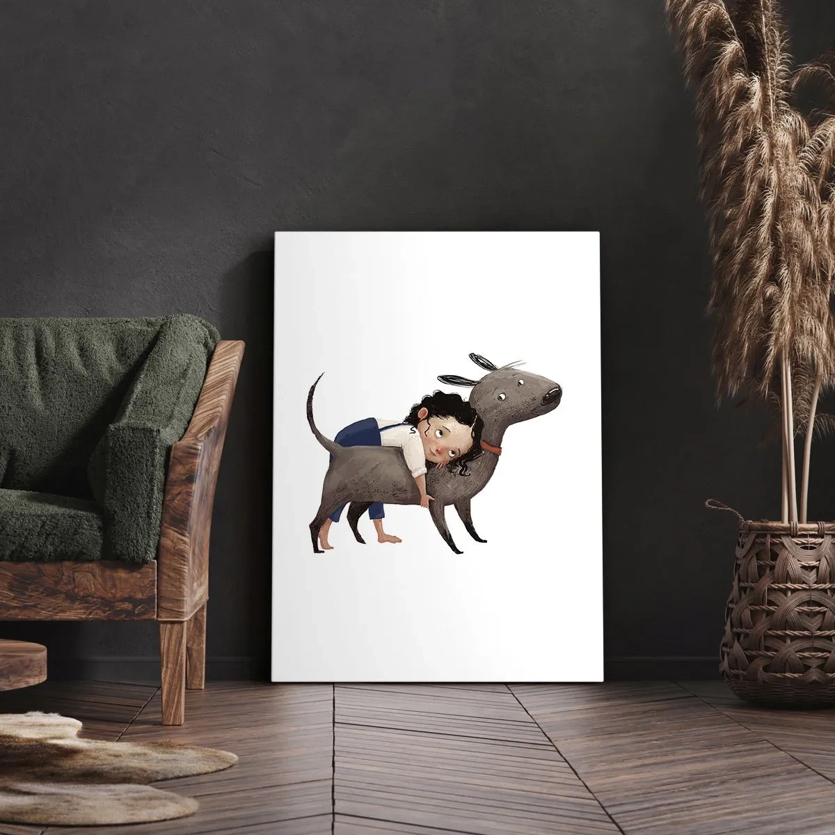 Obraz na płótnie - Ilustracja dziecka przytulającego psa na białym tle - 50x70cm - Najlepsi przyjaciele - Nowoczesna dekoracja ścienna do salonu, kuchni i sypialni ARTTOR
