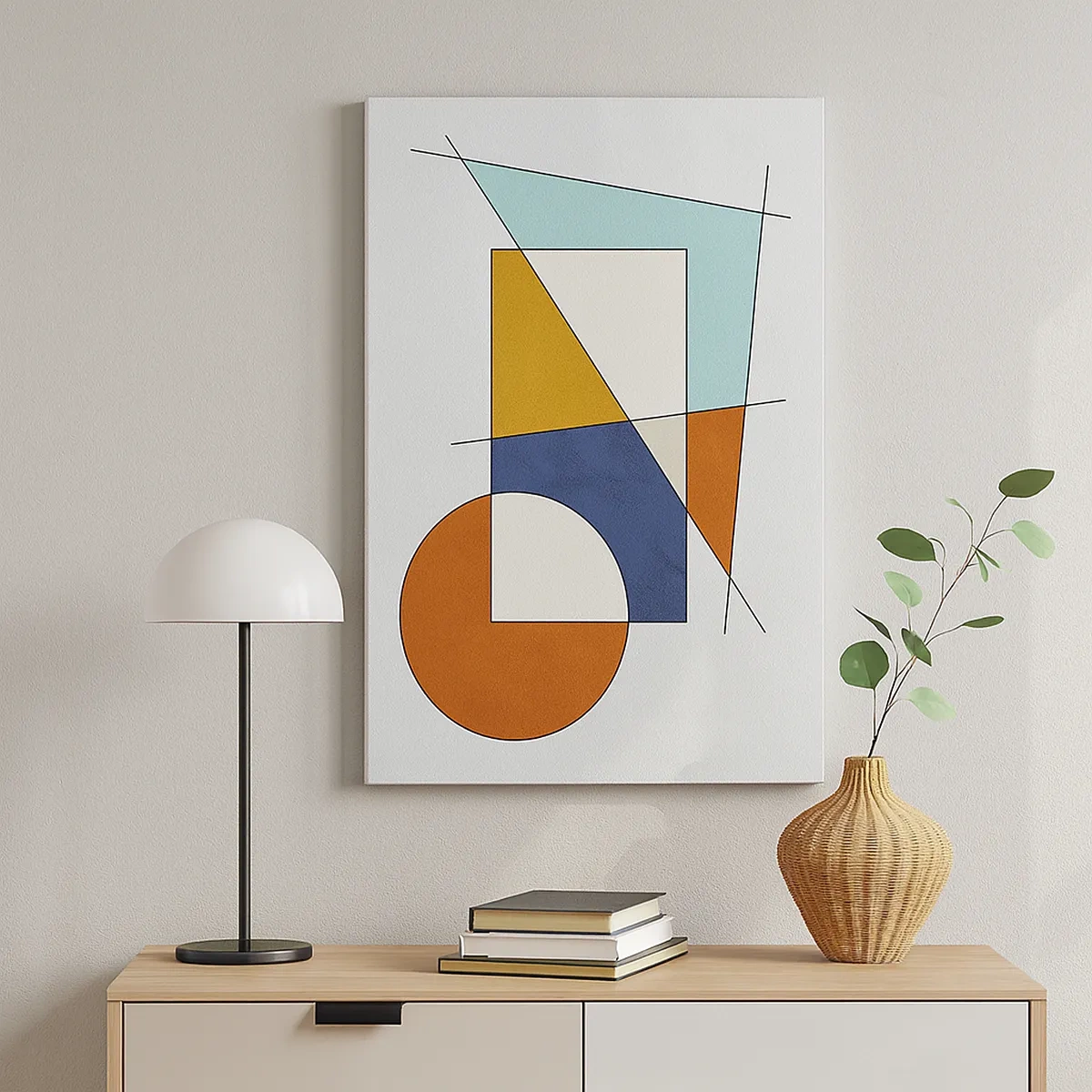 Obraz na płótnie - Nowoczesna kompozycja geometryczna w odcieniach pomarańczu, niebieskiego i żółci - 50x70cm - Abstrakcja: modernistyczna zabawa - Nowoczesna dekoracja ścienna do salonu, kuchni i sypialni ARTTOR