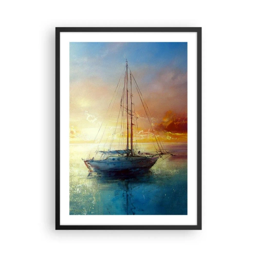 Plakat w czarnej ramie - Jacht na spokojnym morzu przy zachodzącym słońcu - 50x70cm - W złotej zatoce - Nowoczesna dekoracja ścienna do salonu i sypialni ARTTOR