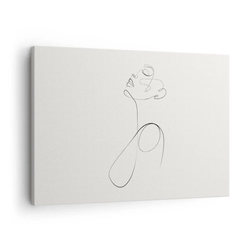 Obraz na płótnie - Minimalistyczny szkic twarzy w stylu line art na białym tle - 70x50cm - Zapętlona w marzeniach - Nowoczesna dekoracja ścienna do salonu i sypialni ARTTOR