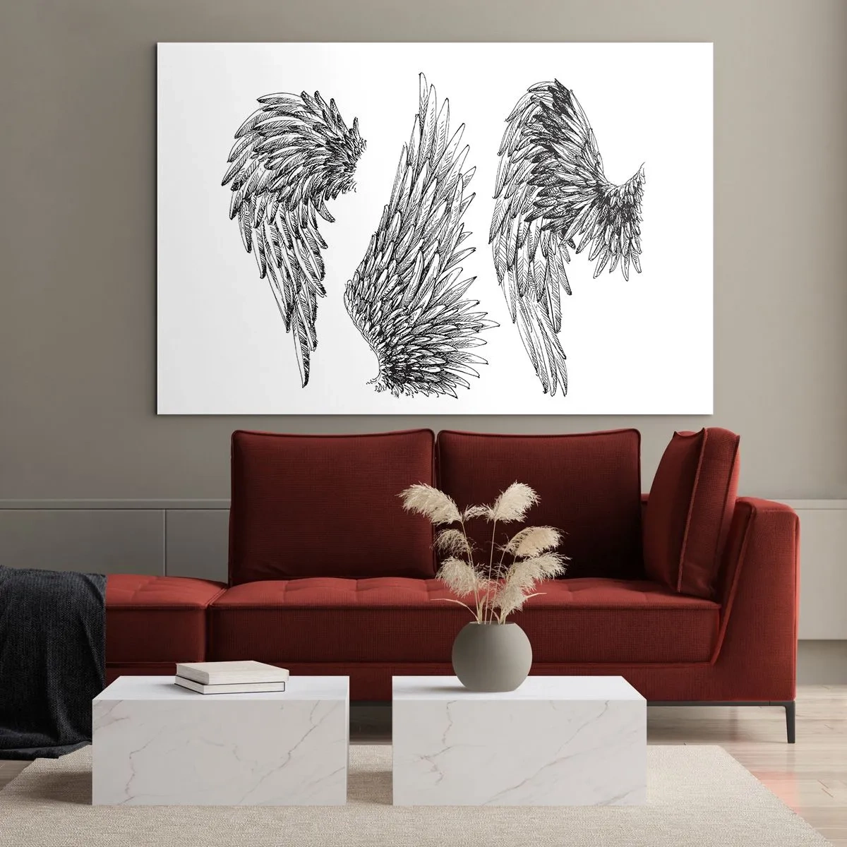 Obraz na szkle - Skrzydła anioła w artystycznej czarno-białej grafice - 70x50cm - I ty możesz zostać aniołem - Nowoczesna dekoracja ścienna do salonu i sypialni ARTTOR