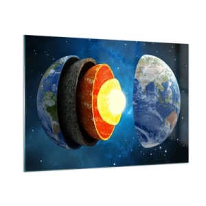 Obraz na szkle - Przekrój Ziemi ukazujący jej warstwy na tle kosmosu - 100x70cm - Wyprawa do wnętrz Ziemi - Nowoczesna dekoracja ścienna do salonu, kuchni i sypialni ARTTOR