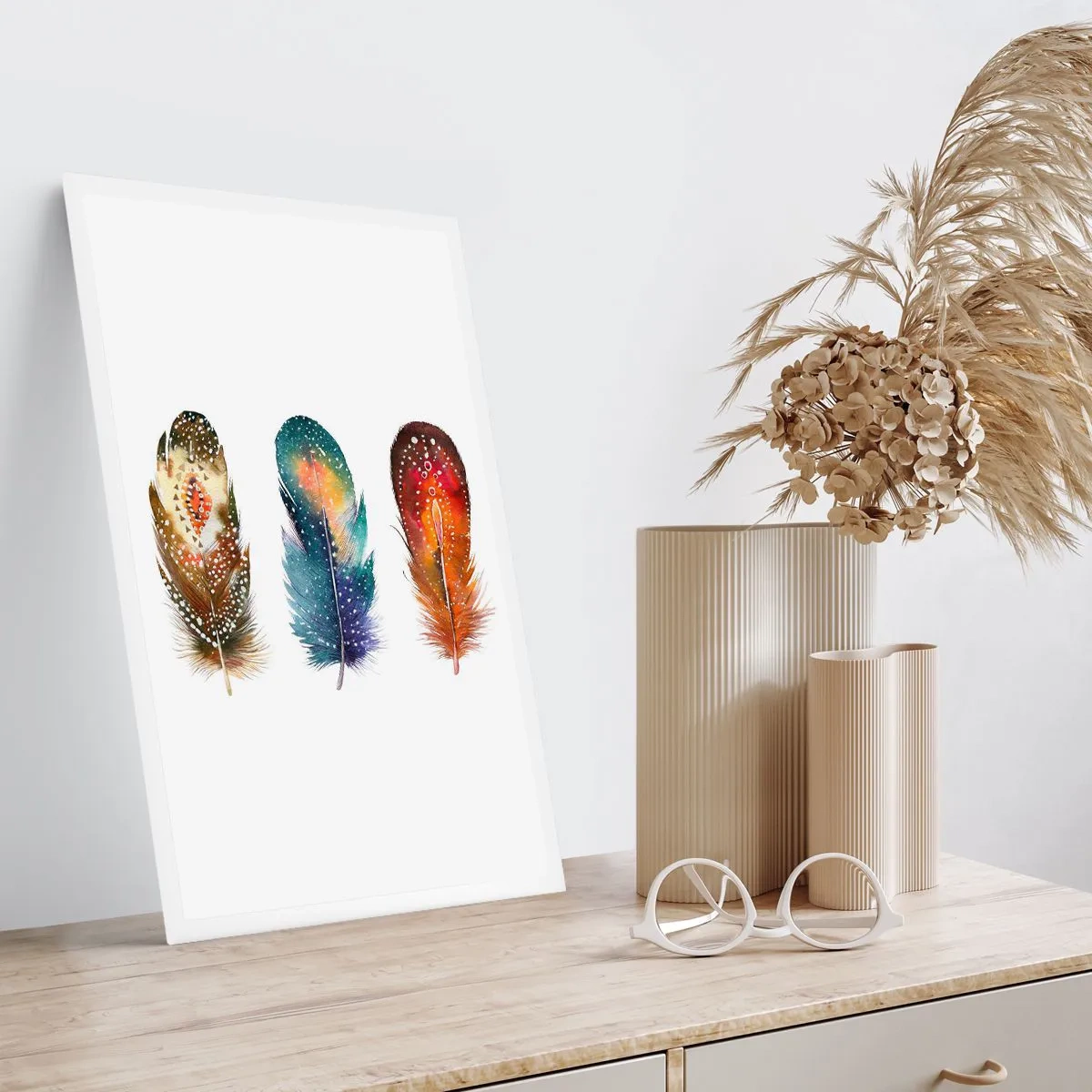 Plakat - Kolorowe pióra w artystycznym stylu na białym tle - 50x70cm - Rytuały, obrzędy, tajemnice - Nowoczesna dekoracja ścienna do salonu, kuchni i sypialni ARTTOR