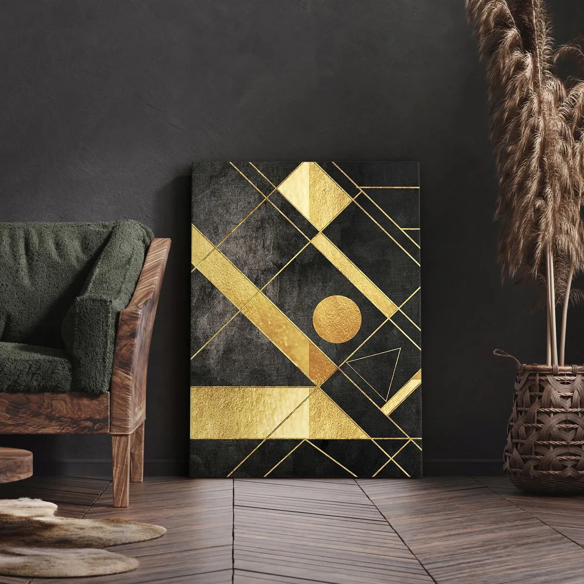 Obraz na płótnie - Geometryczne kształty w złotych i czarnych tonacjach - 80x120cm - Słońce pustyni - Nowoczesna dekoracja ścienna do salonu i sypialni ARTTOR