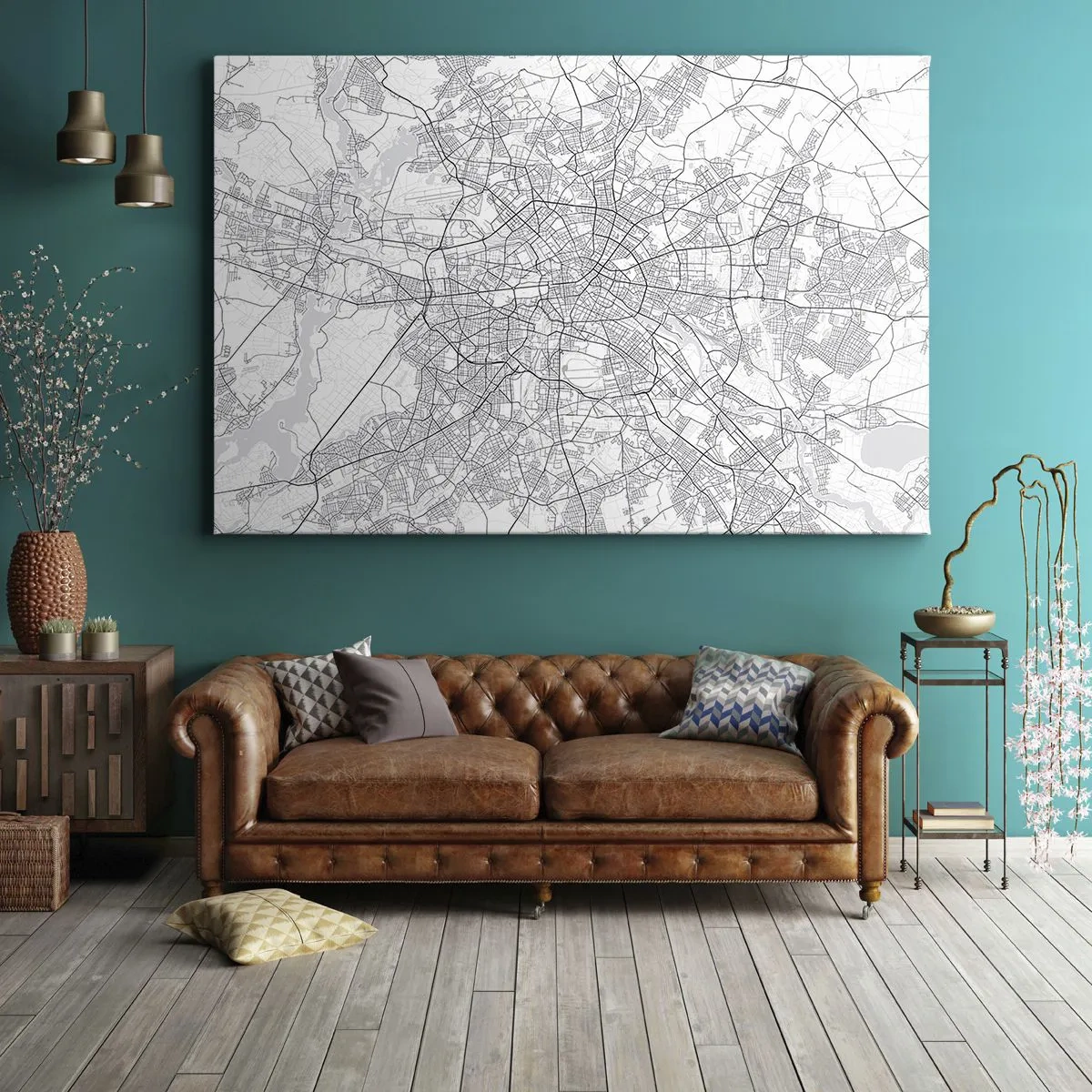 Obraz na płótnie - Szczegółowa mapa miasta w odcieniach czerni i bieli - 70x50cm - Kwiat Berlina - Nowoczesna dekoracja ścienna do salonu i sypialni ARTTOR