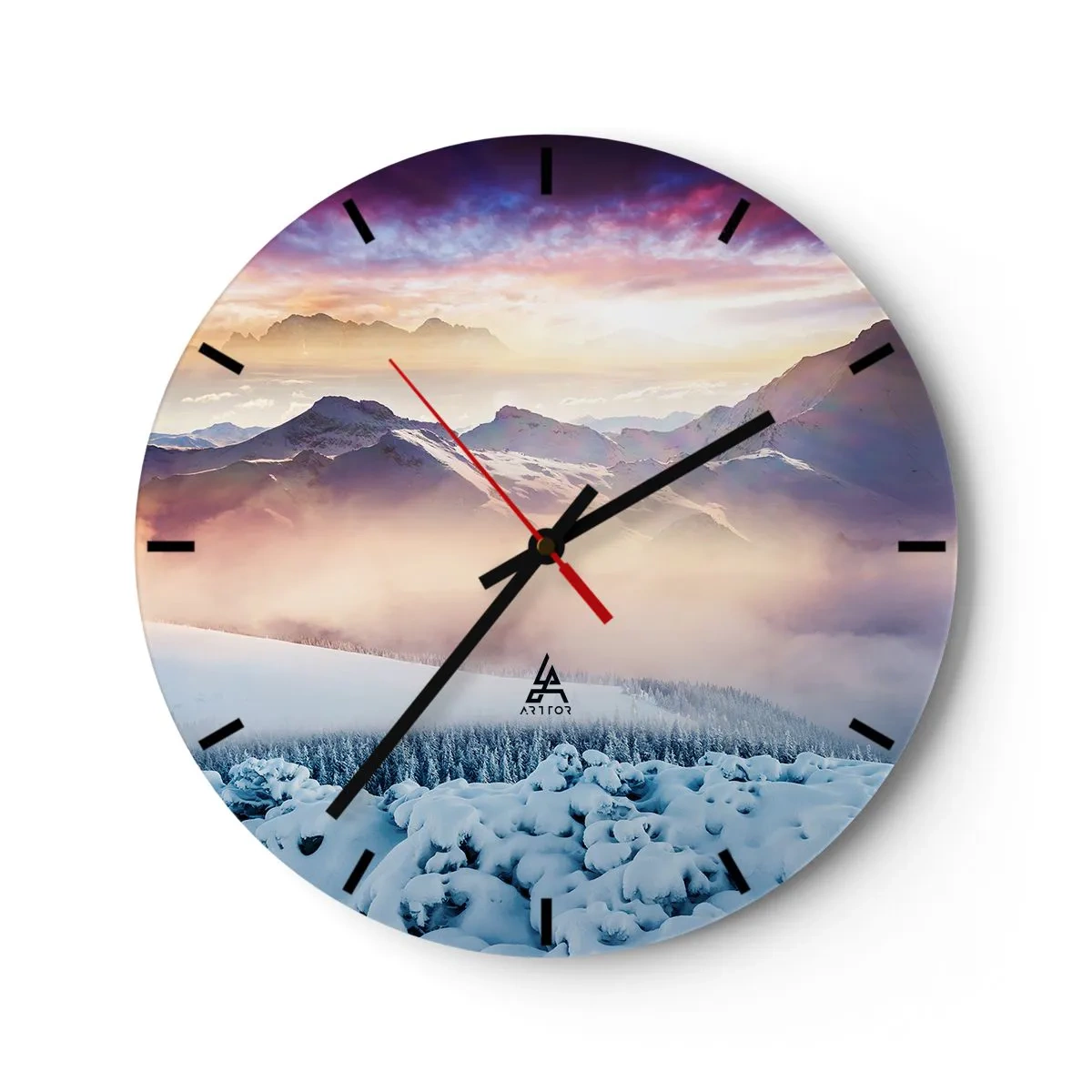 Zegar ścienny - Tarcza zegara z widokiem na ośnieżone góry w pastelowych barwach - 30x30cm - Siła i czystość natury - Nowoczesna dekoracja ścienna do salonu, kuchni i sypialni ARTTOR