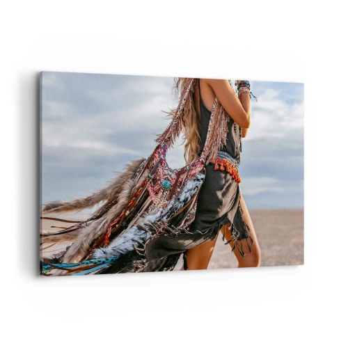Obraz na płótnie - Kobieta w stylizacji boho z detalami piór i biżuterii - 120x80cm - Dziewczyna szamana - Nowoczesna dekoracja ścienna do salonu, kuchni i sypialni ARTTOR