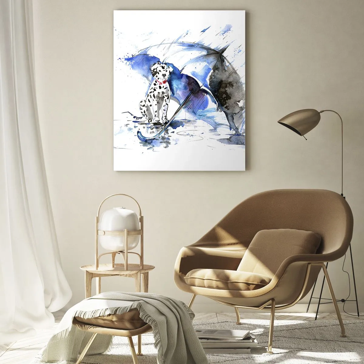 Obraz na szkle - Akwarela psa dalmatyńczyka z parasolem w tle - 80x120cm - Po to jest przyjaciel - Nowoczesna dekoracja ścienna do salonu i sypialni ARTTOR