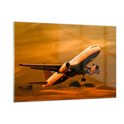 Obraz na szkle - Samolot wznoszący się na tle pomarańczowego nieba - 120x80cm - Lot w stronę słońca - Nowoczesna dekoracja ścienna do salonu, kuchni i sypialni ARTTOR
