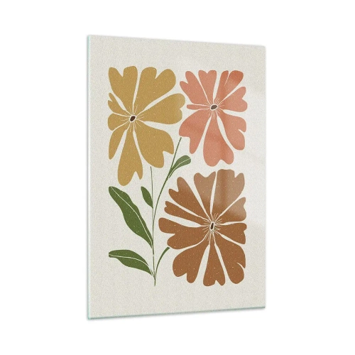 Obraz na szkle - Trzy stylizowane kwiaty w ciepłych barwach na jasnym tle - 50x70cm - Natura i geometria - Nowoczesna dekoracja ścienna do salonu, kuchni i sypialni ARTTOR