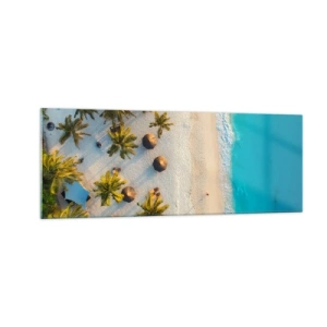 Obraz na szkle - Widok na tropikalną plażę z palmami i turkusowym morzem - 140x50cm - Witaj w raju - Nowoczesna dekoracja ścienna do salonu i sypialni ARTTOR