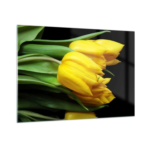 Obraz na szkle - Żółte tulipany na czarnym tle w eleganckim ujęciu - 100x70cm - Powstały z czystego słońca - Nowoczesna dekoracja ścienna do salonu, kuchni i sypialni ARTTOR