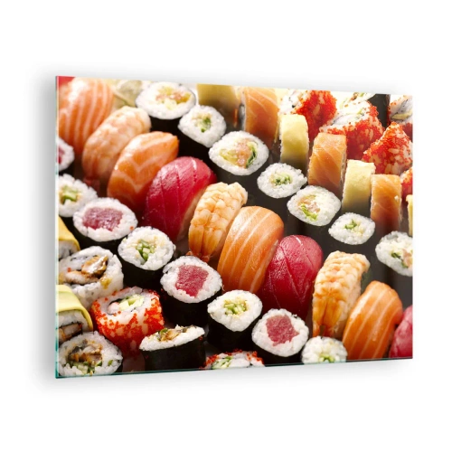 Obraz na szkle - Kolorowa kompozycja sushi z różnorodnymi składnikami - 70x50cm - Barwy i smaki Azji - Nowoczesna dekoracja ścienna do salonu i sypialni ARTTOR
