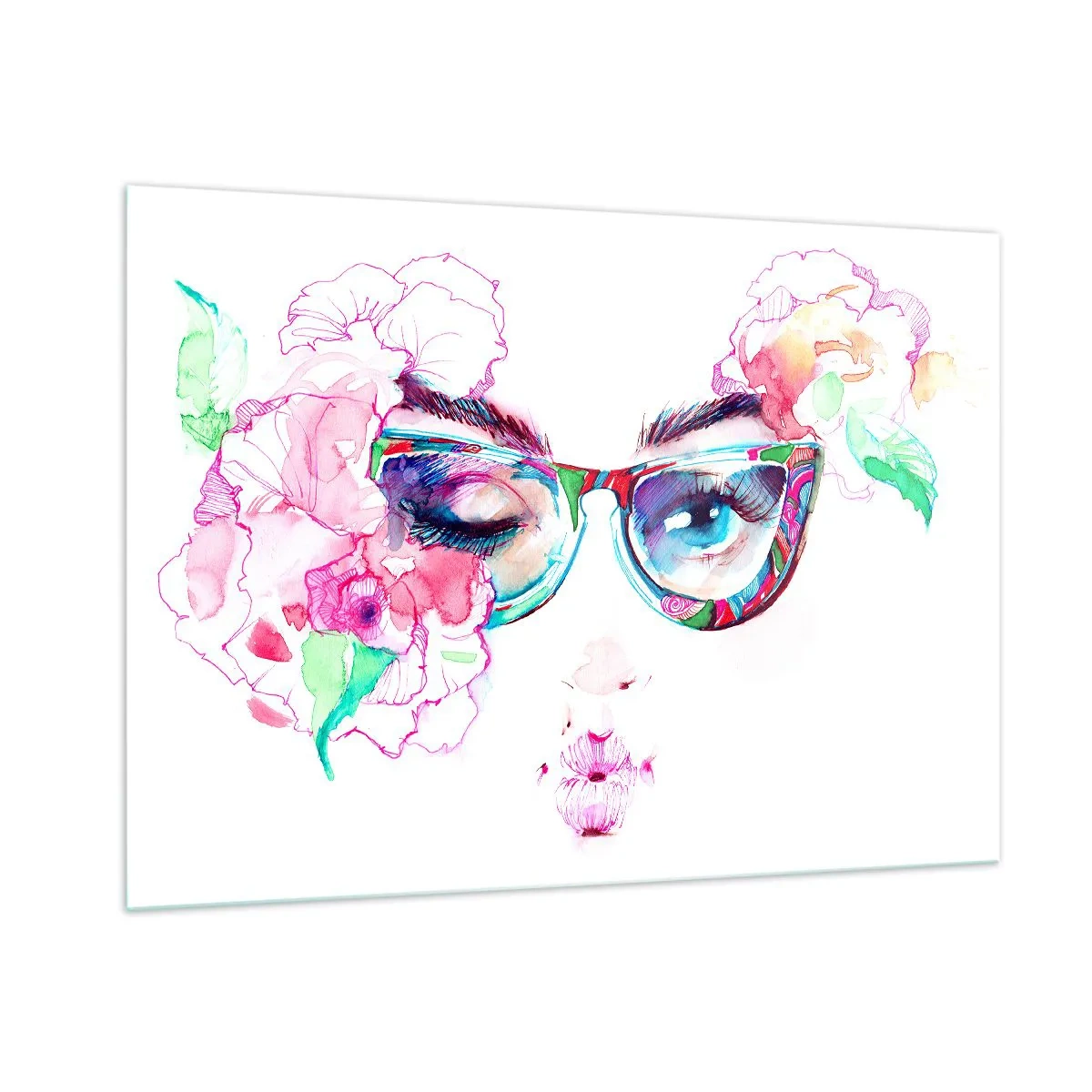 Obraz na szkle - Kobiece oczy z kwiatami i kolorowymi okularami w stylu akwareli - 100x70cm - Kusząca obietnica - Nowoczesna dekoracja ścienna do salonu, kuchni i sypialni ARTTOR