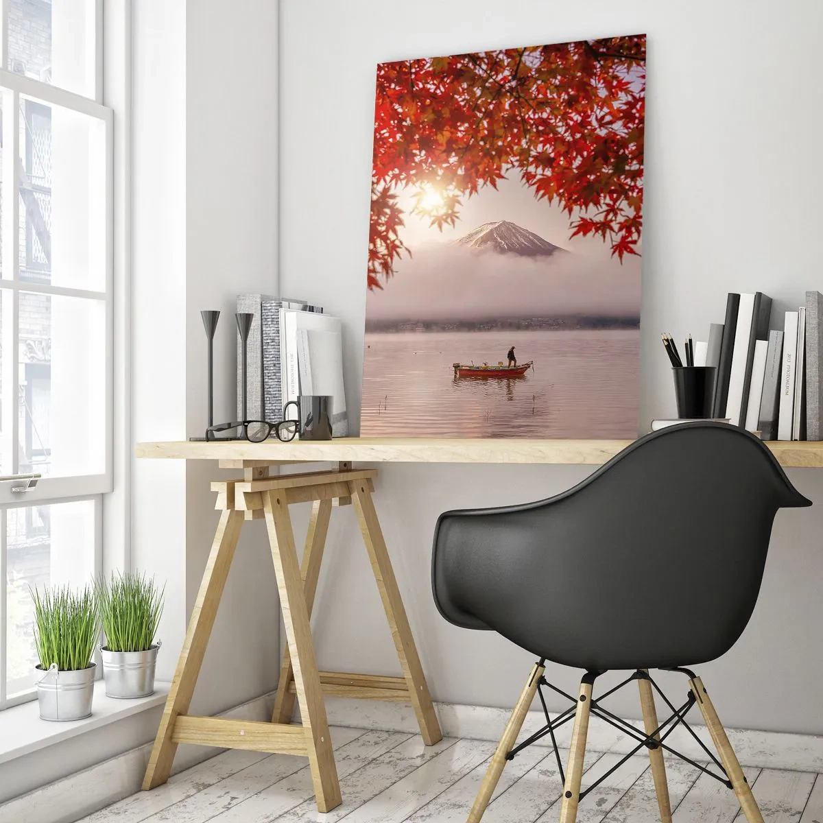 Obraz na szkle - Góra Fuji z łódką na jeziorze otoczonym czerwonymi liśćmi - 50x70cm - W japońskim klimacie - Nowoczesna dekoracja ścienna do salonu, kuchni i sypialni ARTTOR