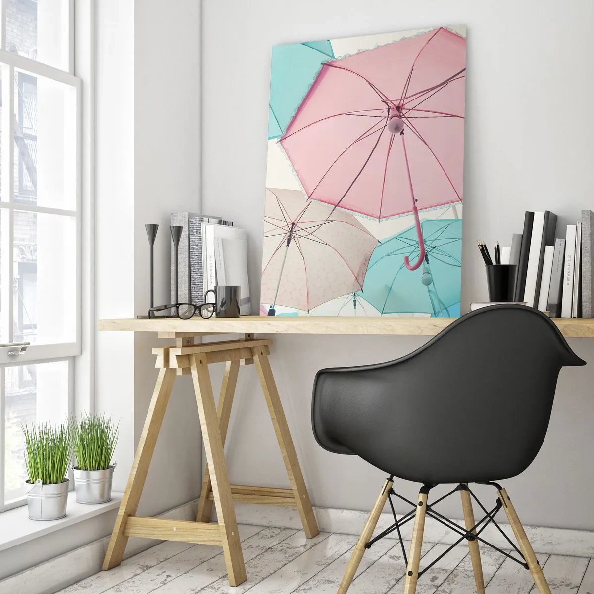 Obraz na szkle - Kolorowe parasole unoszące się w powietrzu - 50x70cm - Czasem słońce, czasem deszcz - Nowoczesna dekoracja ścienna do salonu, kuchni i sypialni ARTTOR