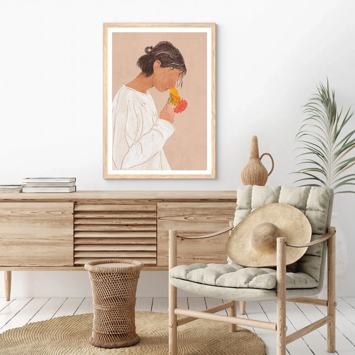 Plakat w ramie jasny dąb - Dziewczyna i kwiaty - 70x100 cm