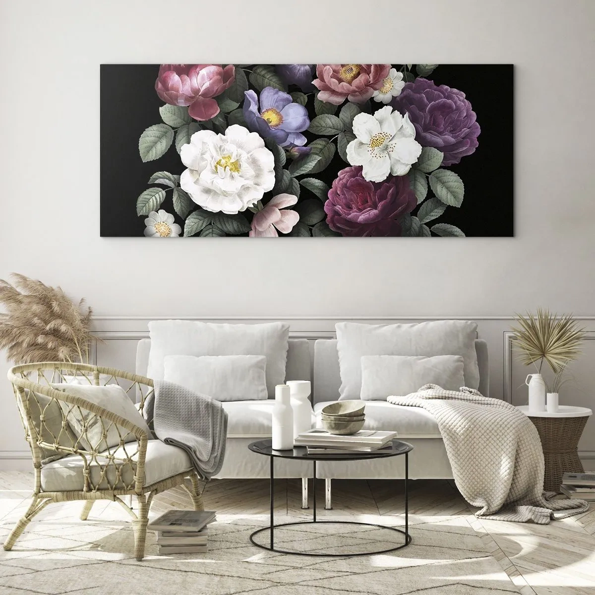 Obraz na szkle - Kwiaty w różnorodnych kolorach na czarnym tle - 120x50cm - Z angielskiego ogrodu - Nowoczesna dekoracja ścienna do salonu i sypialni ARTTOR