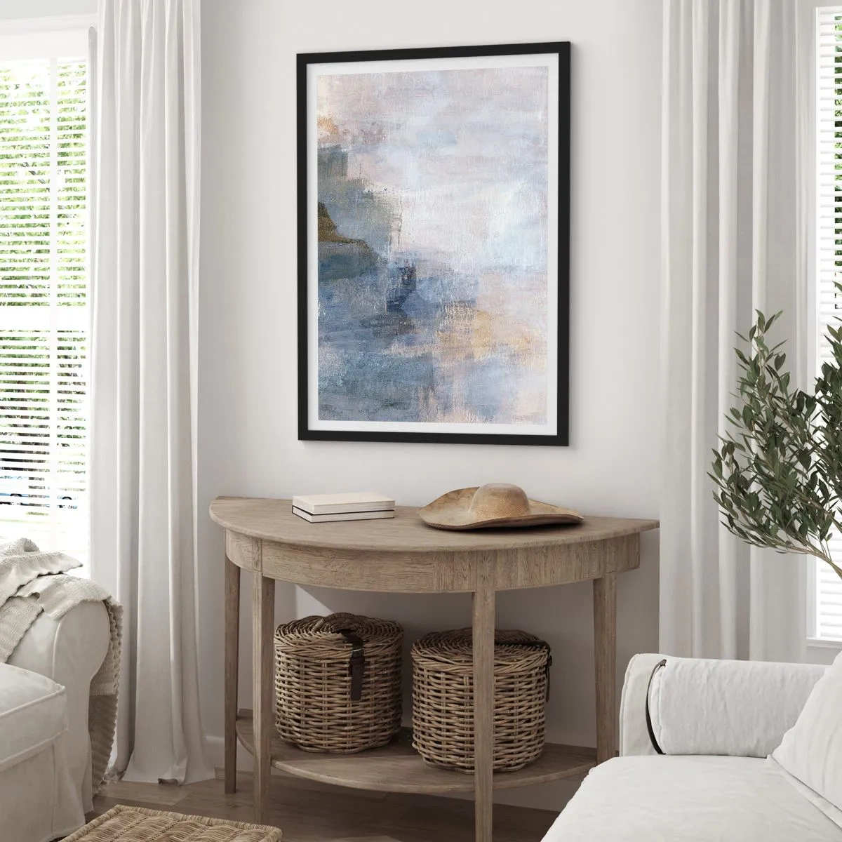Plakat w czarnej ramie - Abstrakcyjna kompozycja w tonacji błękitu i beżu - 50x70cm - Tony i akordy barw - Nowoczesna dekoracja ścienna do salonu i sypialni ARTTOR