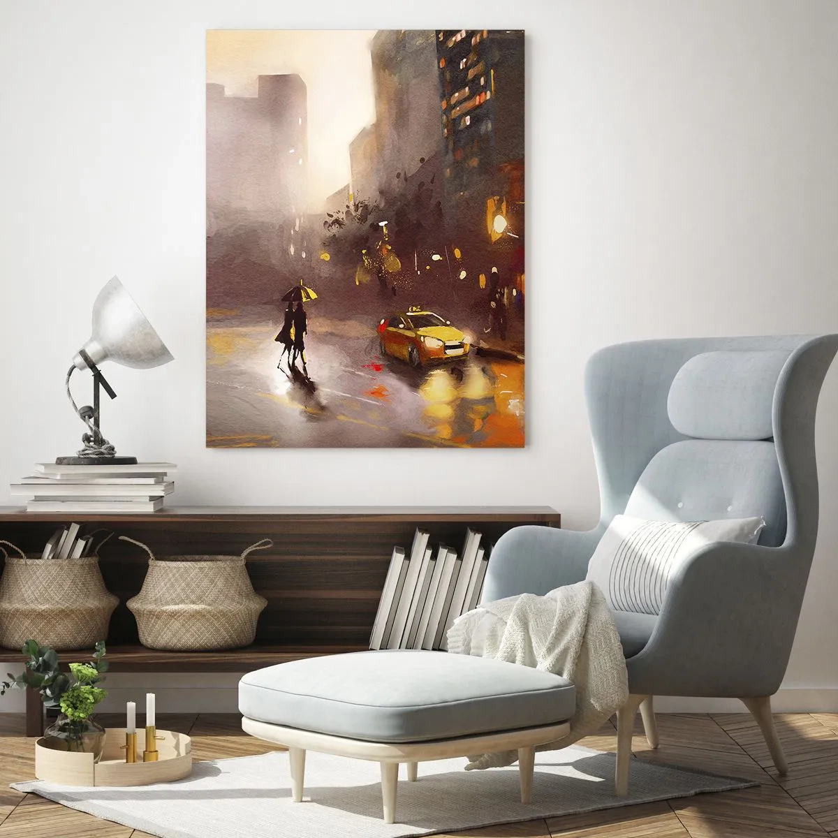Obraz na szkle - Miasto nocą w deszczu z taksówkami i sylwetką pary - 50x70cm - W światłach Nowego Jorku - Nowoczesna dekoracja ścienna do salonu, kuchni i sypialni ARTTOR