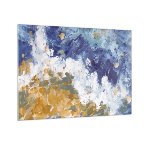 Obraz na szkle - Abstrakcyjne pociągnięcia farb w błękicie, bieli i złocie - 70x50cm - Taniec żywiołów - Nowoczesna dekoracja ścienna do salonu i sypialni ARTTOR