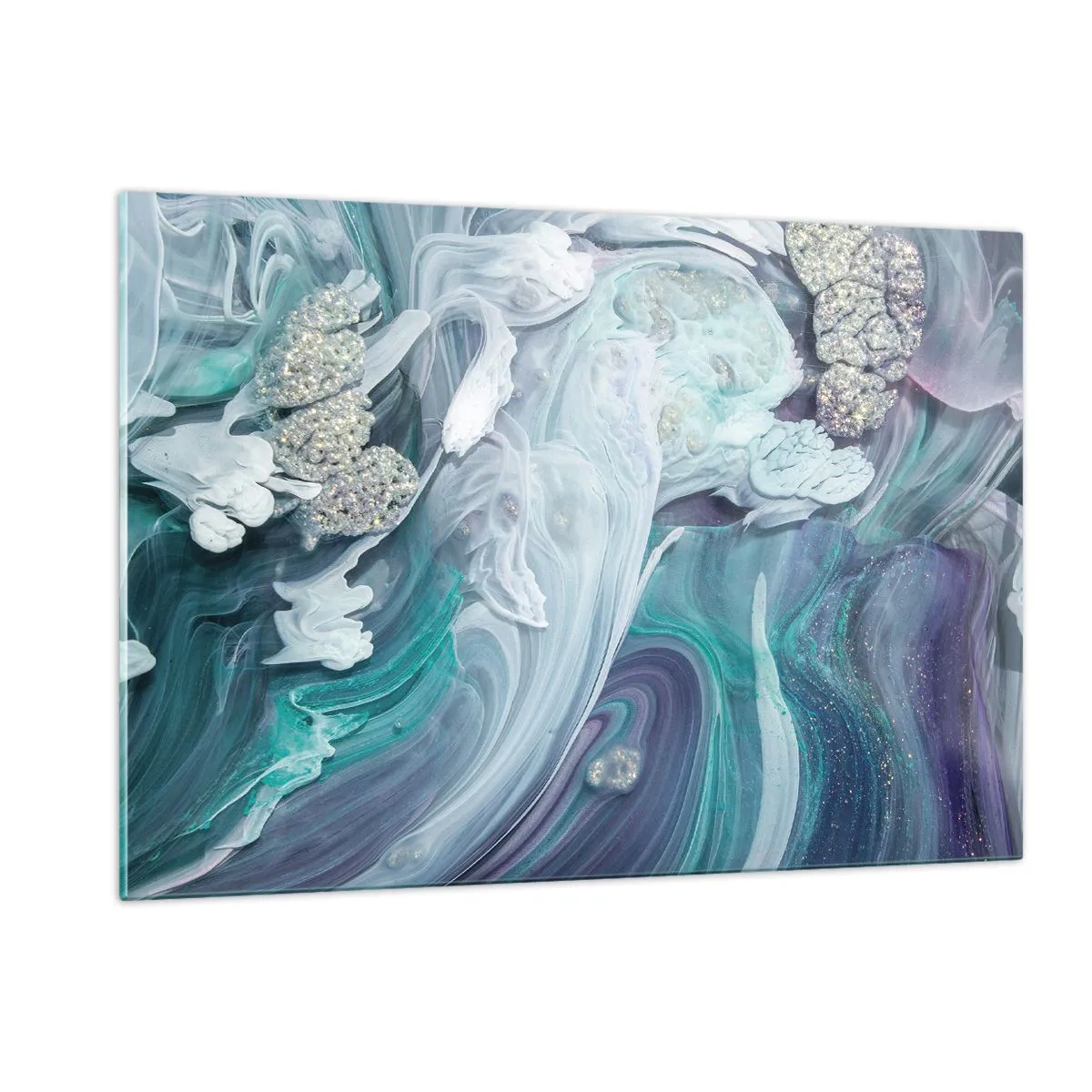 Obraz na szkle - Abstrakcyjna kompozycja w odcieniach błękitu, fioletu i bieli - 120x80cm - Nurty błękitu - Nowoczesna dekoracja ścienna do salonu, kuchni i sypialni ARTTOR