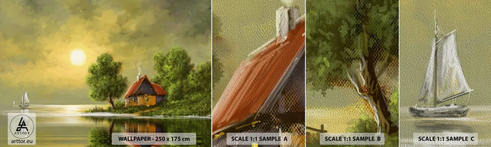 Fototapeta Próbka Premium Sand - Pięknie, jak z obrazka - Krajobraz, Wiejska Chata, Żaglówka - 100x30 cm