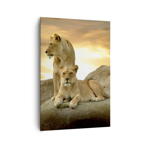 Obraz na płótnie - Dwie lwice odpoczywające na skale podczas zachodu słońca - 70x100cm - Królewski majestat - Nowoczesna dekoracja ścienna do salonu i sypialni ARTTOR