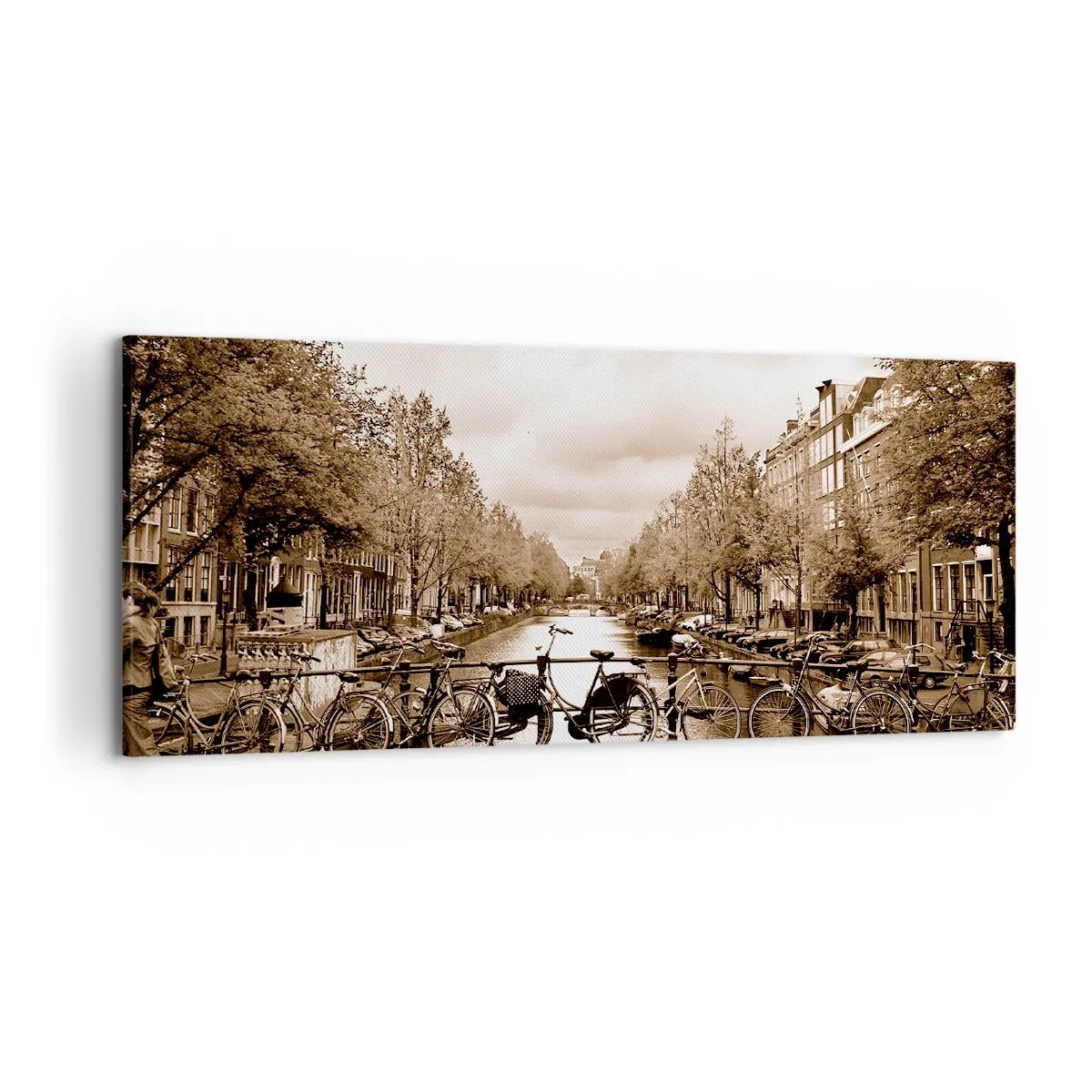 Obraz na płótnie - Rowerowy mostek nad kanałem w sepia - 120x50cm - Holenderskie klimaty - Nowoczesna dekoracja ścienna do salonu i sypialni ARTTOR