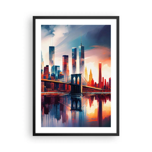 Plakat w czarnej ramie - Panorama miasta z mostem i odbiciem w wodzie - 50x70cm - Zjawiskowy Nowy Jork - Nowoczesna dekoracja ścienna do salonu i sypialni ARTTOR