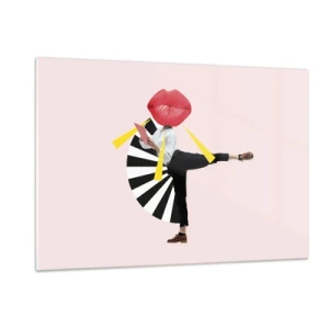 Obraz na szkle - Surrealistyczna kompozycja pop-art z postacią z wielkimi ustami na tle różowego tła - 120x80cm - Surrealistyczny pop-art - Nowoczesna dekoracja ścienna do salonu, kuchni i sypialni ARTTOR