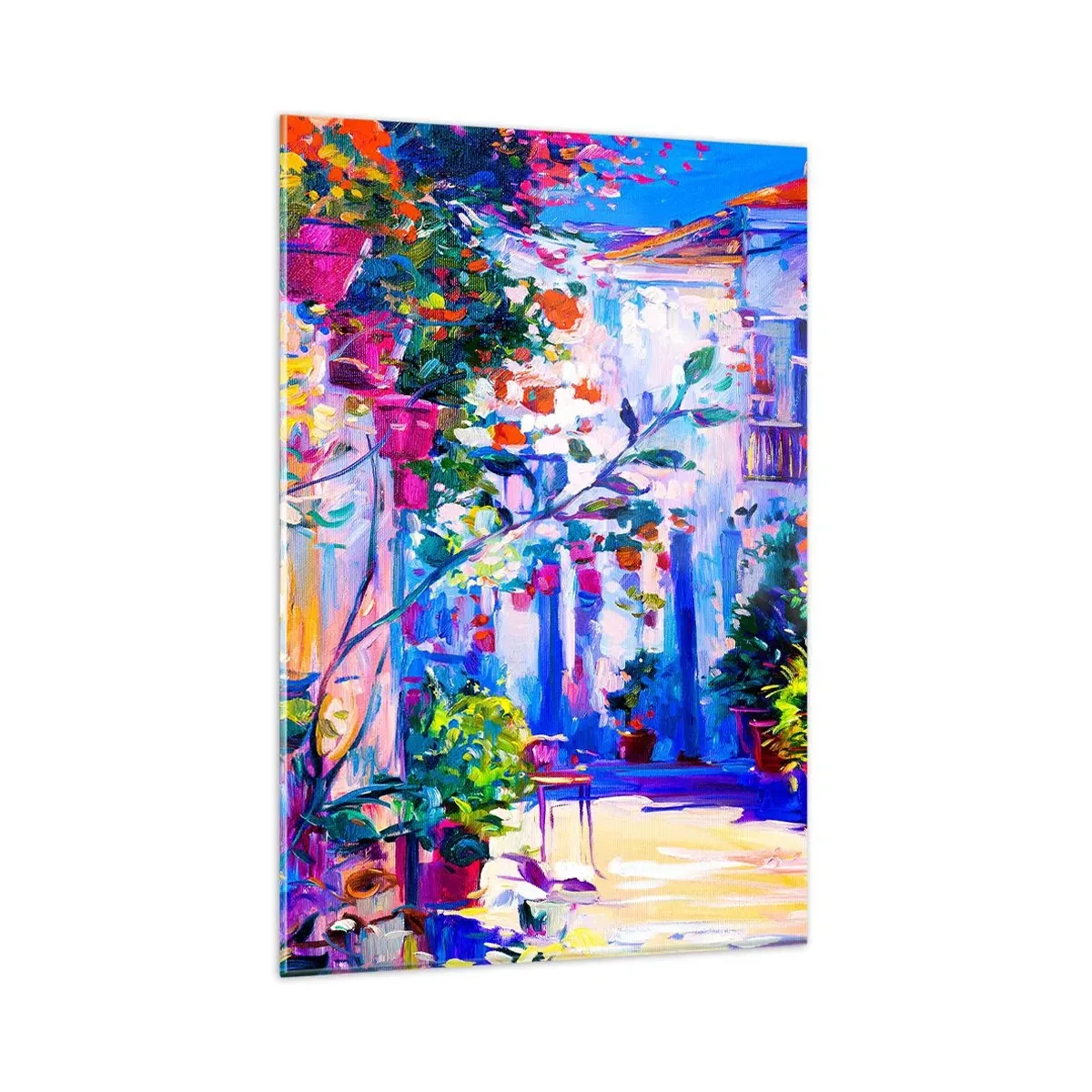 Obraz na szkle - Kolorowa uliczka pełna kwiatów - 80x120cm - Impresja - włoska uliczka - Nowoczesna dekoracja ścienna do salonu i sypialni ARTTOR