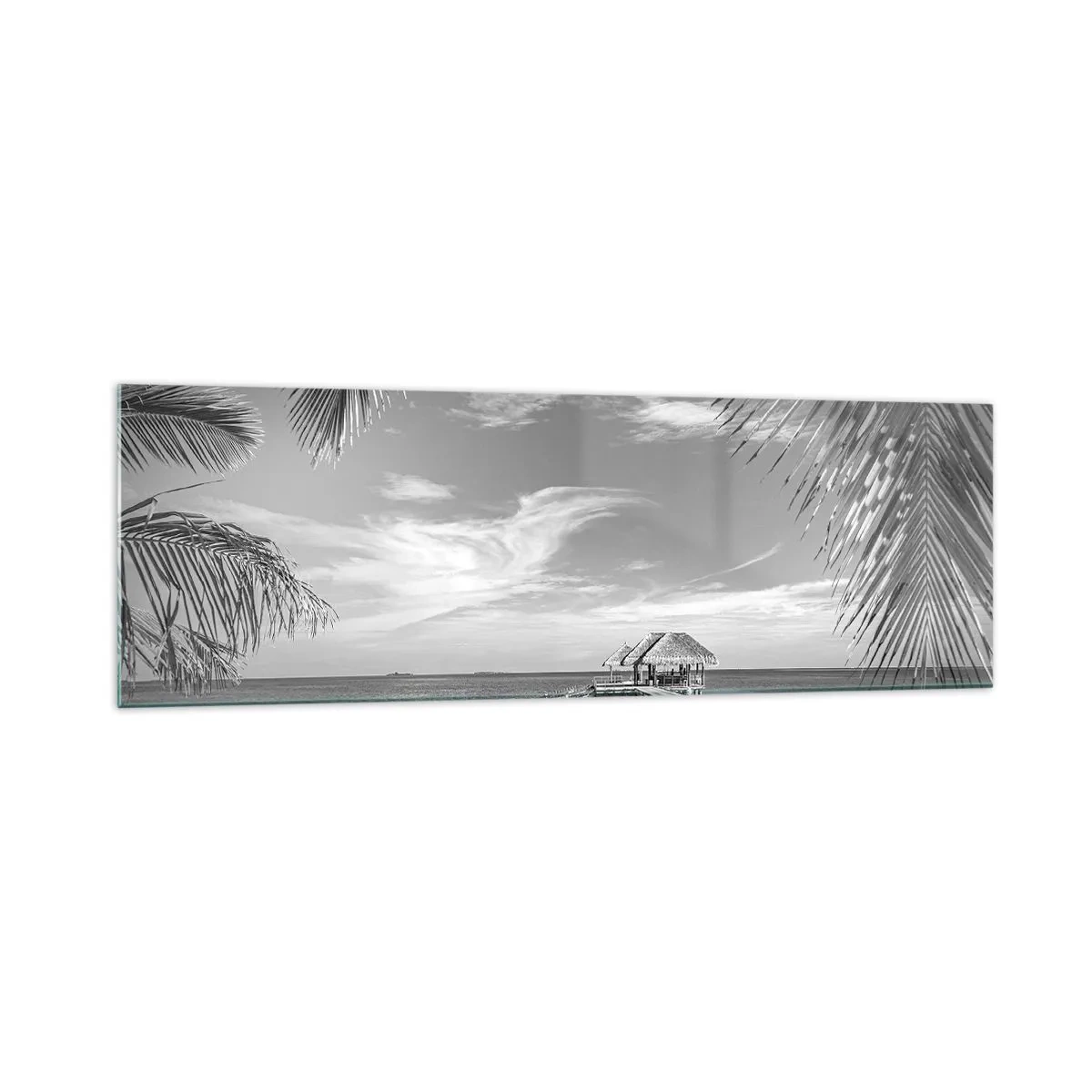 Obraz na szkle - Czarno-biała plaża z molo i palmami na tropikalnym wybrzeżu - 160x50cm - Wspomnienie czy marzenie? - Nowoczesna dekoracja ścienna do salonu i sypialni ARTTOR