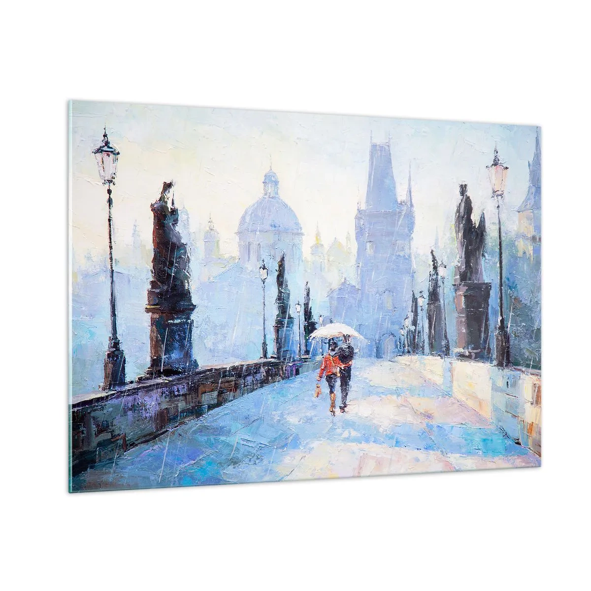 Obraz na szkle - Spacer z parasolem na zabytkowym moście w deszczowy dzień - 100x70cm - Nas zaczarować musiał deszcz - Nowoczesna dekoracja ścienna do salonu, kuchni i sypialni ARTTOR