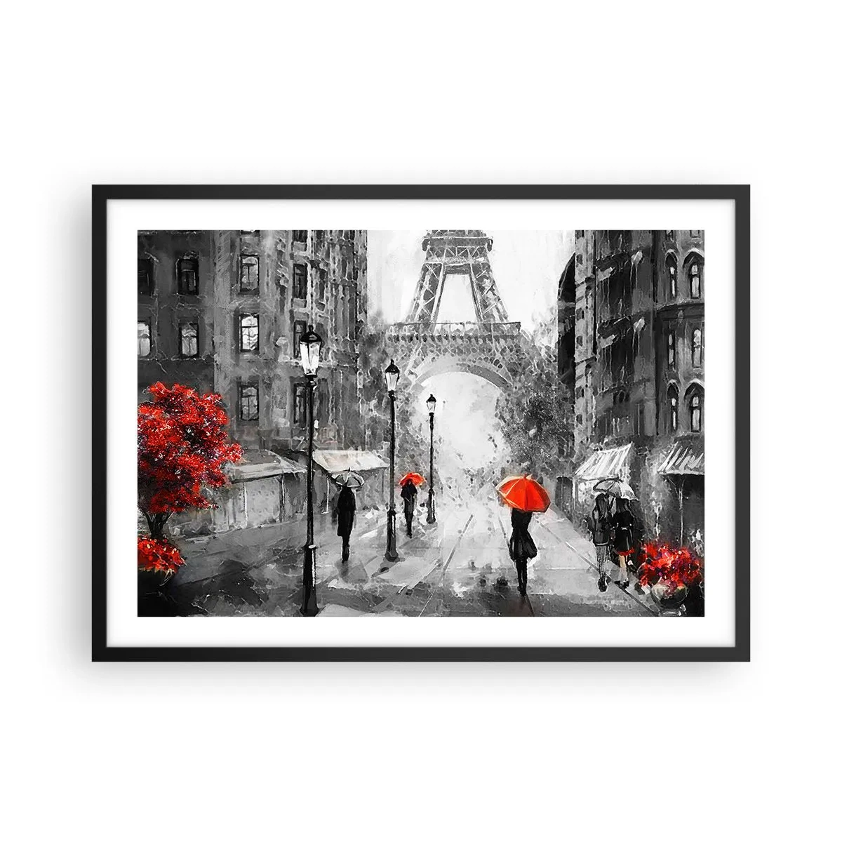 Plakat w czarnej ramie - Ulica z widokiem na Wieżę Eiffla i czerwone parasole - 70x50cm - Wszystkie drogi prowadzą do niej - Nowoczesna dekoracja ścienna do salonu i sypialni ARTTOR