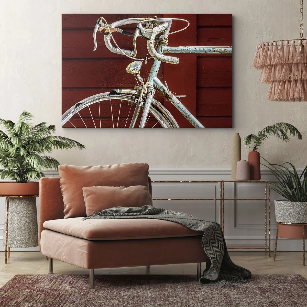 Obraz na płótnie - Zabytkowy rower na tle czerwonej drewnianej ściany - 70x50cm - Stworzony do zwycięstw - Nowoczesna dekoracja ścienna do salonu i sypialni ARTTOR