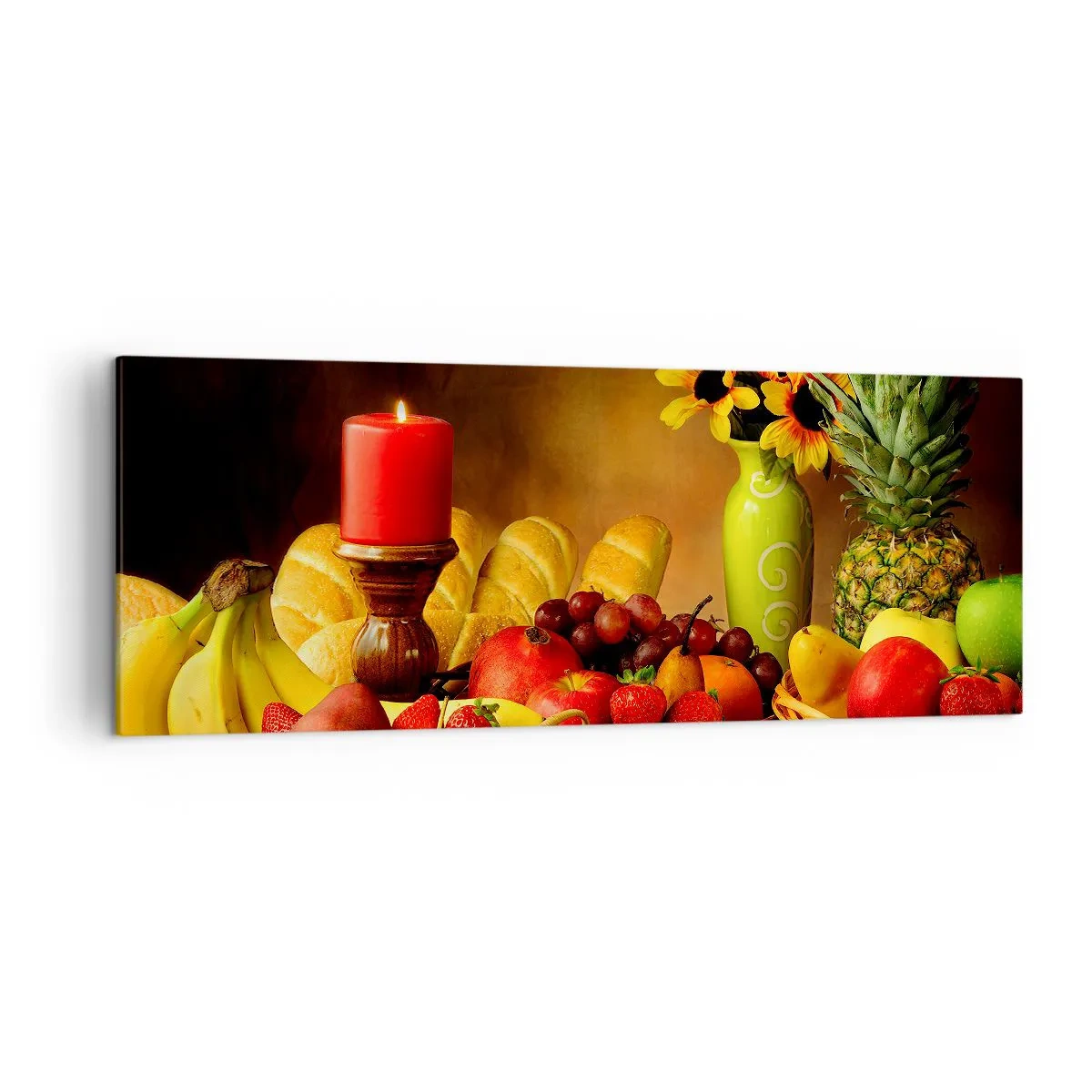 Obraz na płótnie - Martwa natura z owocami, chlebem, świecą i kwiatami - 140x50cm - Martwa natura z pieczywem i owocami - Nowoczesna dekoracja ścienna do salonu i sypialni ARTTOR