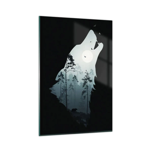 Obraz na szkle - Silhouette wilka z lasem i księżycem w tle - 80x120cm - Głos leśnej nocy - Nowoczesna dekoracja ścienna do salonu i sypialni ARTTOR