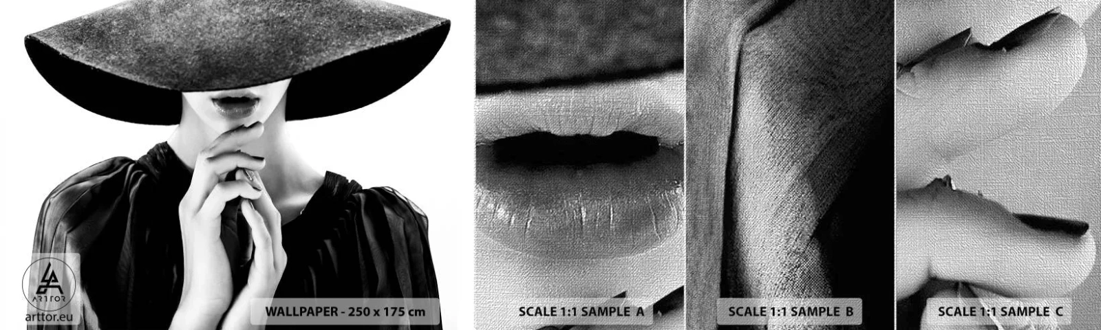 Fototapeta Próbka Premium Canvas - Skryte piękno - Kobieta W Kapeluszu, Kobiece Dłonie, Moda - 100x30 cm