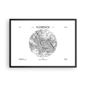 Plakat w czarnej ramie - Mapa Florencji w minimalistycznym, czarno-białym stylu - 70x50cm - Anatomia Florencji - Nowoczesna dekoracja ścienna do salonu i sypialni ARTTOR