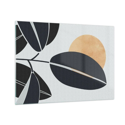 Obraz na szkle - Stylizowane liście w czerni z pomarańczowym słońcem w tle - 70x50cm - Dzień gorącego lata - Nowoczesna dekoracja ścienna do salonu i sypialni ARTTOR